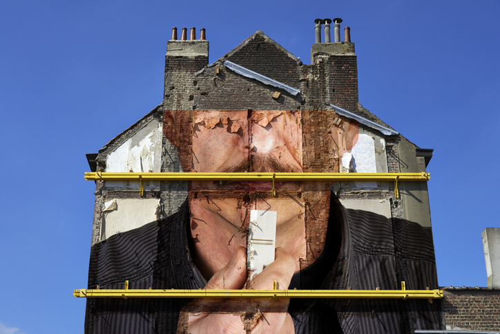 Referee Blowing A Whistle Paint On Walls From Housing Demolition Site