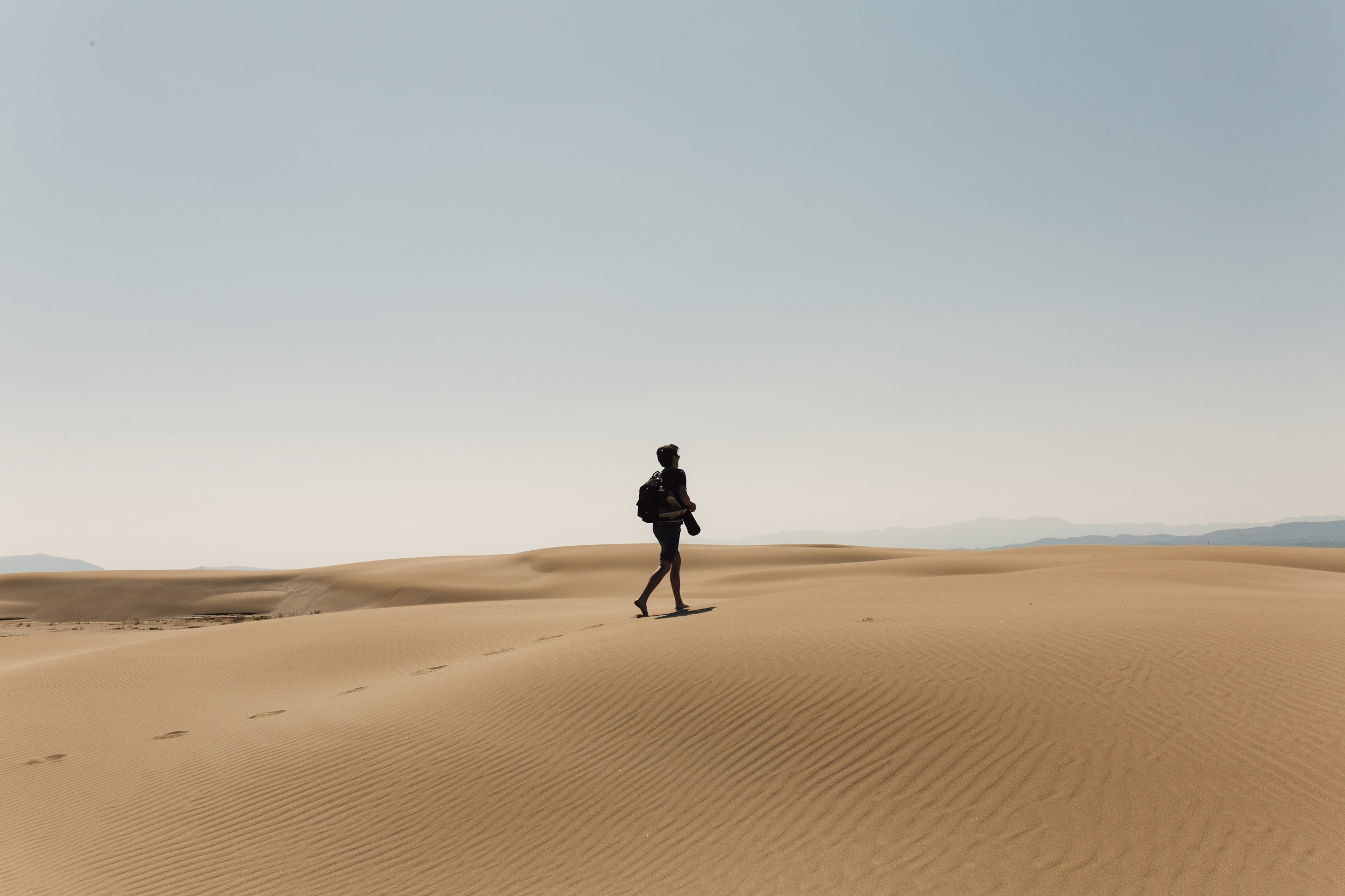Full Length Of Hiker With Backpack Exploring Desert Against Sky